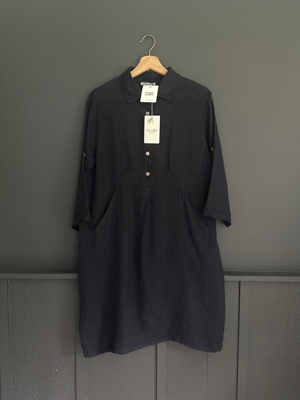 Elena Bald Linen Navy Shirt Dress Made in Italy NEW Size Medium